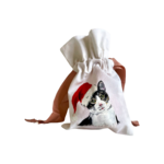 Pochon blanc en coton à cordon rose avec un chat coiffé dun bonnet de père Noël peint à la main par Elles et No.