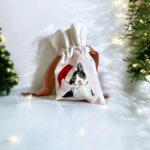 Pochon blanc en coton à cordon rose avec un chat coiffé dun bonnet de père Noël peint à la main par Elles et No.