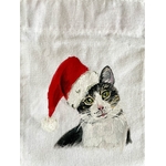 Pochon blanc en coton à cordon rose avec un chat coiffé dun bonnet de père Noël peint à la main par Elles et No.