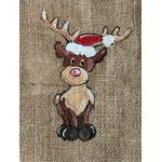 Pochon en jute avec un renne coiffé dun bonnet de père Noël peint à la main par Elles et No.