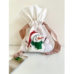 Pochon en coton blanc à ruban rose avec bonhomme de neige coiffé dun bonnet de père Noël, peint à la main par Elles et No.