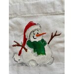 Pochon en coton blanc à ruban rose avec bonhomme de neige coiffé dun bonnet de père Noël, peint à la main par Elles et No.