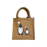 Petit sac en jute avec deux lutins de Noël aux habits bleus strass peints à la main par Elles et No.