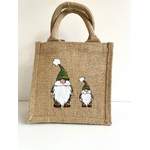 Petit sac en jute avec des lutins verts strass de Noël peints à la main par Elles et No.
