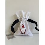pochon en coton bio avec ruban satin noir avec un lutin de Noël rouge peint à la main par Elles et No.