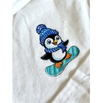 t-shirt col roulé blanc.Elles et No. avec un pingouin rigolo sur son snowboard, peint à la main