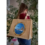 Elles et No. sac de plage en jute XL avec un paysage corse peint à la main dans un hublot