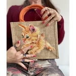 Sac en jute à anses oranges avec un chaton peint à la main par Elles et No.