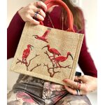 Sac en jute à anses rouges avec des ibis peints à la main par Elles et No.