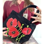 Petit sac noir en coton bio avec des coquelicots peintes à la main par Elles et No.