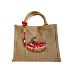 dSac en jute avec une tarte aux fraises peinte à la main par Elles et No.