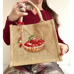Sac en jute avec une tarte aux fraises peinte à la main par Elles et No.