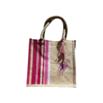 sac jute taille M avec de grandes bandes rose style bayadère peintes à la main par Elles et No.
