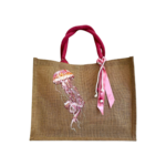 sac de plage en jute à anses roses avec une méduse rose peinte à la main par Elles et No.