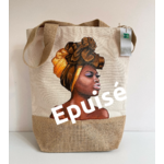 Sac jute et coton avec un portait de femme africaine peint à la main par Elles et No.
