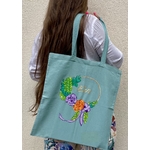 tote bag coton vert avec un anneau fleurs et feuilles peint à la main par Elles et No.