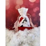 Pochon en coton blanc et ruban de satin rose avec un chat portant un bonnet de Père Noël peint à la main par Elles et No.