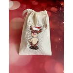 Pochon en coton beige avec un renne coiffé d'un chapeau de Père Noël peint à la main par Elles et No.