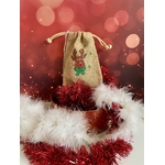 Pochon en jute naturelle avec une tête de renne de Noël peinte à la main par Elles et No.
