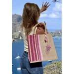 Petit sac en jute avec des bandes bayadère et une méduse  peintes à la main par Elles et No