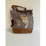 Grand sac en coton enduit marron glacé avec un léopard peint à la main par Elles et No.