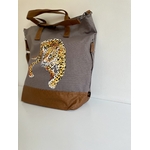 Grand sac en coton enduit marron glacé avec un léopard peint à la main par Elles et No.