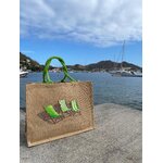 sac de plage en jute avec des transats aux couleurs vertes peints à la main par Elles et No.