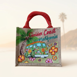 Sac en jute avec un van des fleurs et des écritures californiennes style hippie, peints là la main par Elles et No.