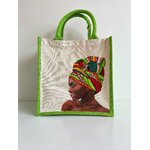 Sac jute et coton Abidjan avec un portrait dafricaine peint à la main par Elles et No.