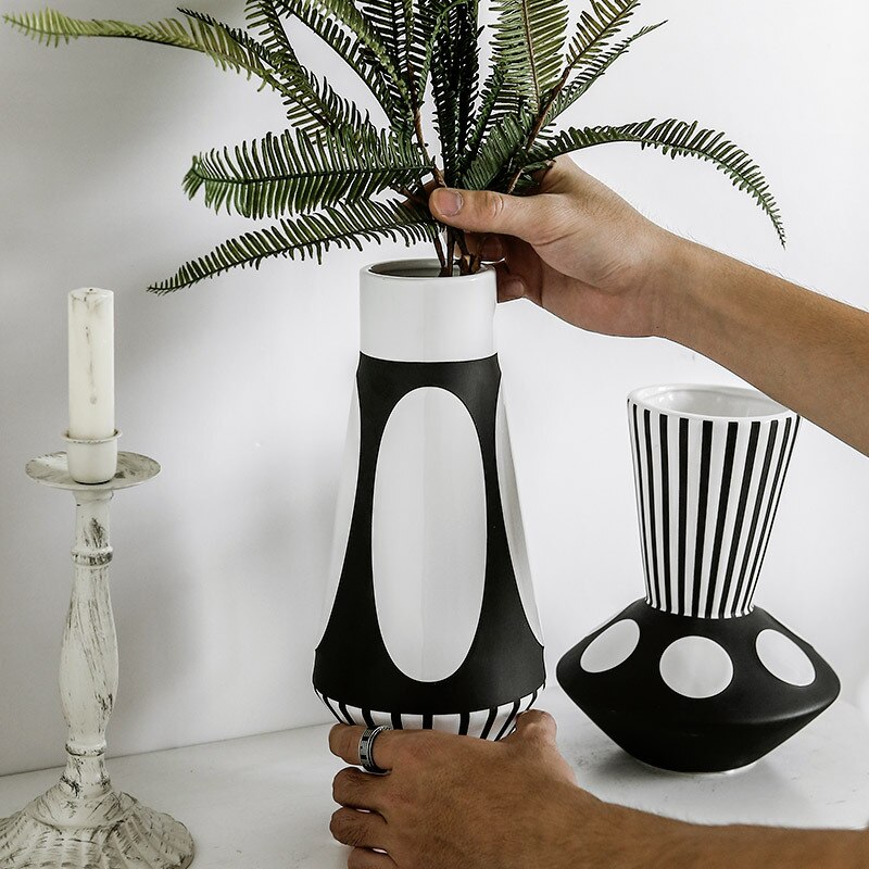 Nordique-cr-atif-noir-et-blanc-Vase-en-c-ramique-Style-abstrait-Arrangement-de-fleurs-artisanat