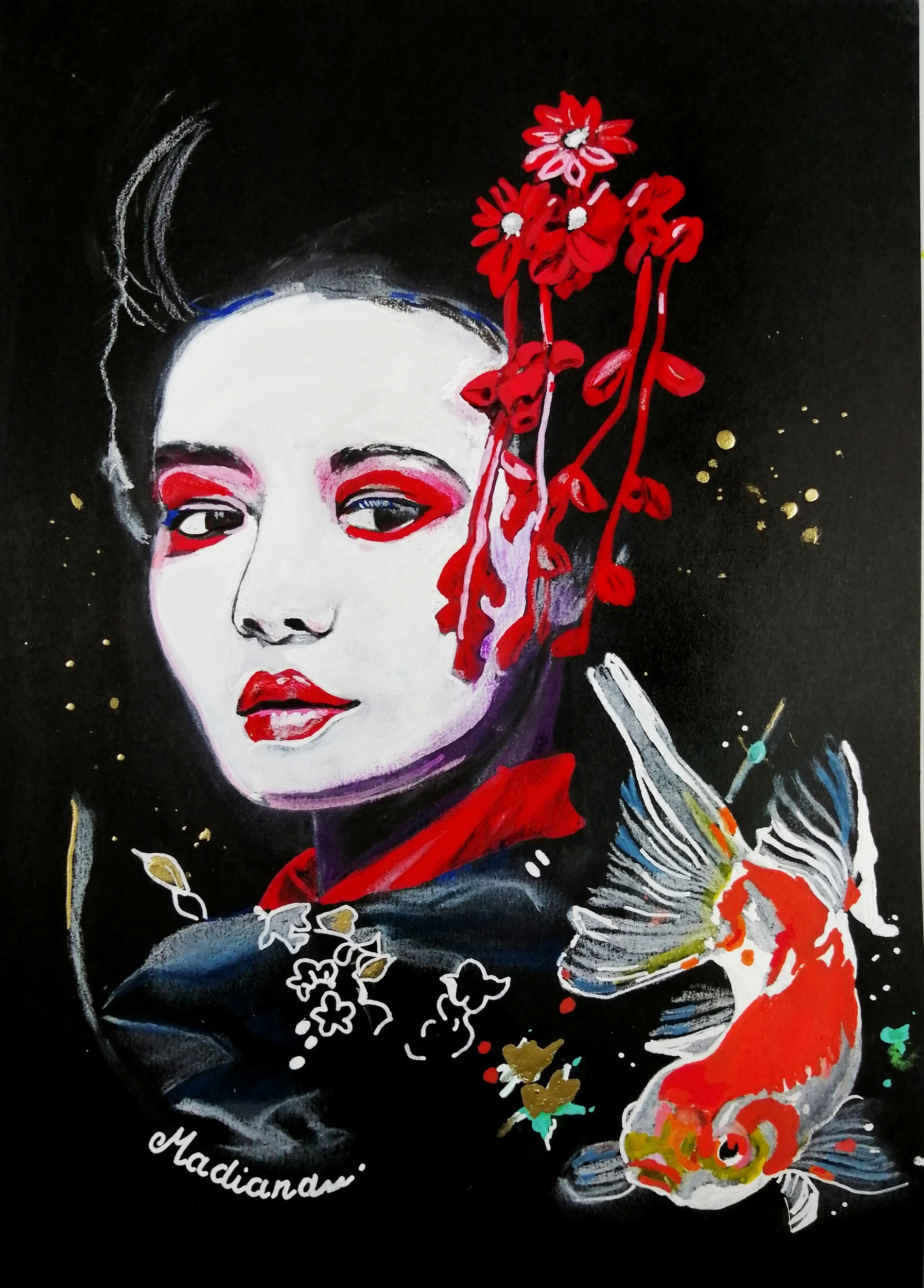 affiche-reproduction-art-femme-geisha-carpe-koi-street-art-fusain