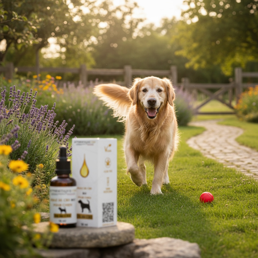 le chien joue dans le jardin grace au cbd