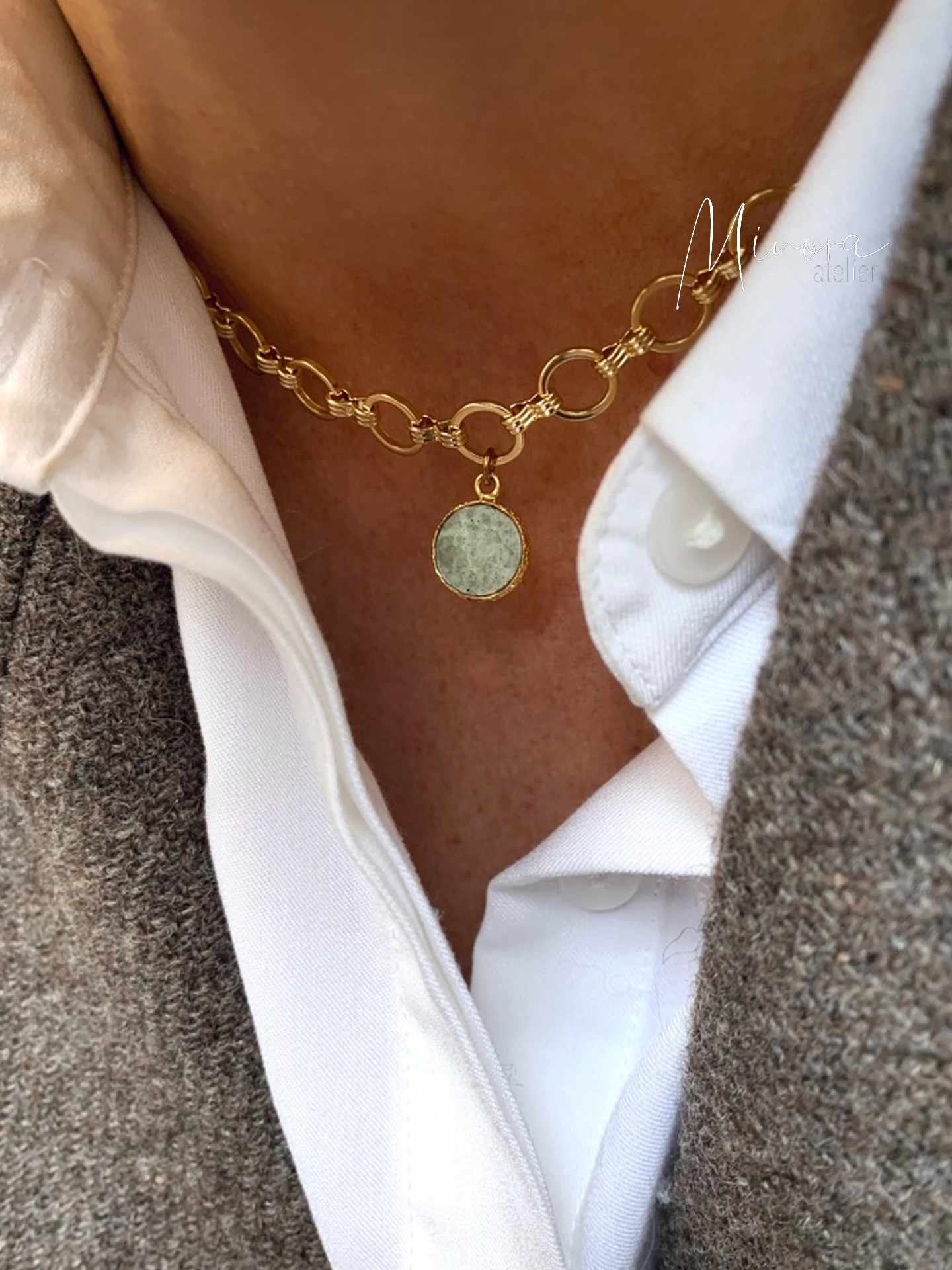 Collier 3 Rangs IKITA - Chaîne Vénitienne Turquoise Et Doré - Alliage - Fabriqué En France