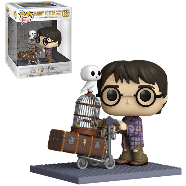 Funko POP! Deluxe Harry Potter poussant son chariot avec Hedwige, gamme 20e anniversaire, dans sa boîte
