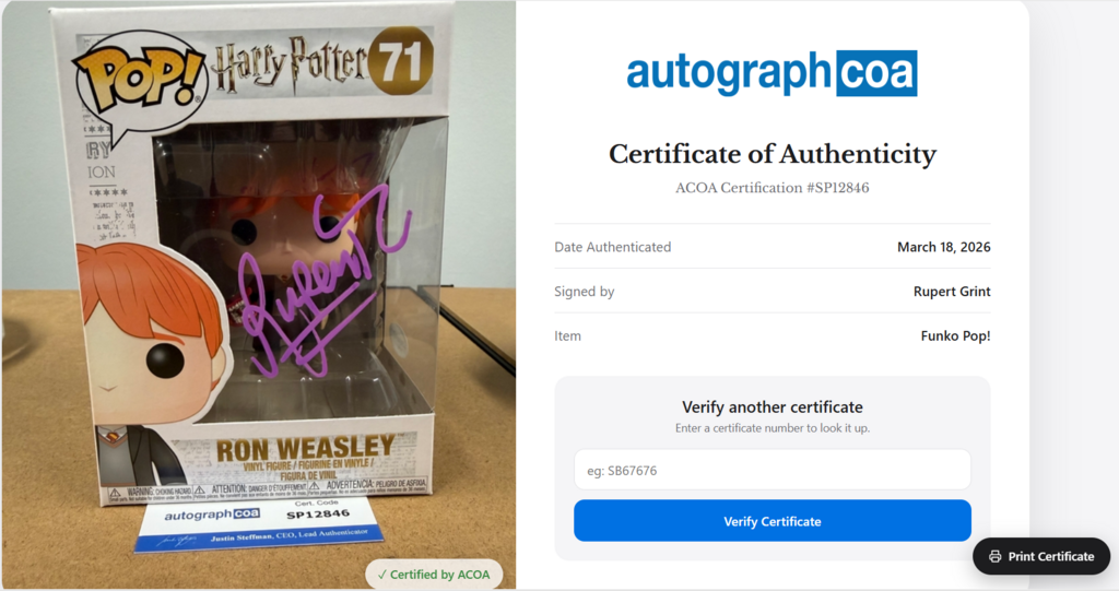 Boîte de la Funko Pop Ron Weasley signée, vue de côté