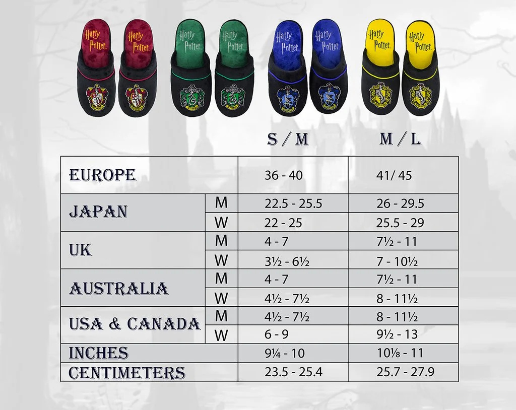 Guide des tailles des chaussons Harry Potter Cinereplicas