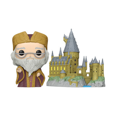 Funko POP! Town Albus Dumbledore devant le château de Poudlard, gamme 20e anniversaire, dans sa boîte vitrine