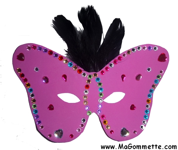 Masque papillon rose strass et plumes carnaval
