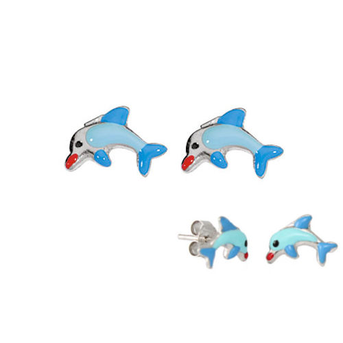 Boucles dauphins bleus argent 925 rhôdié, puces 1.2cm