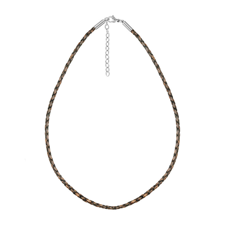 Cordon cuir tressé marron 3mm - 45 à 50cm, fermoir acier