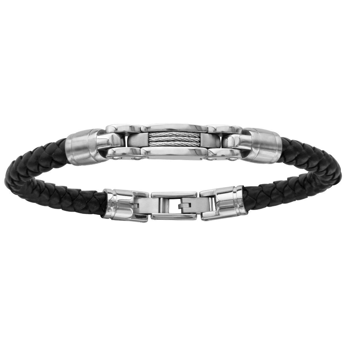 Bracelet cuir noir & acier, réglable à 20 et 21cm