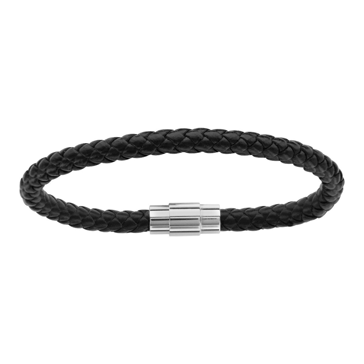 Bracelet cuir noir 6mm & acier - 21,5cm