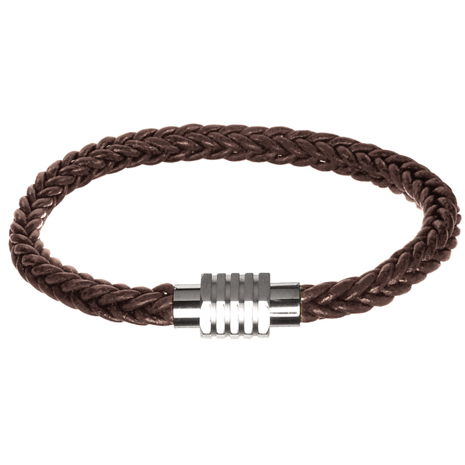 Bracelet cuir marron 6mm & acier, long. 21cm