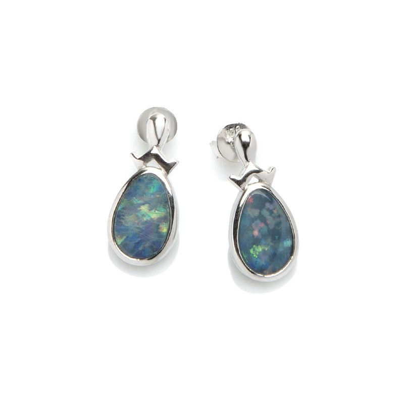 Boucles opale bleue naturelle & argent 925 rhodié, haut. 2cm