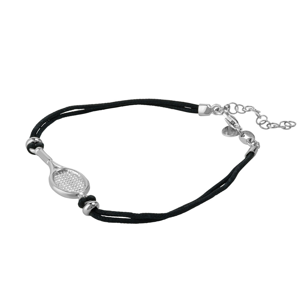 Bracelet raquette de tennis régl. 14 à 21cm, cordon noir ou bordeaux, argent 925