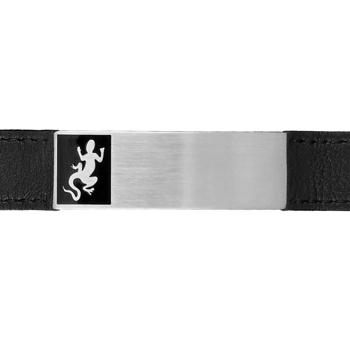 Bracelet Salamandre, gravure(s), cuir noir & acier, fermoir 19-21cm