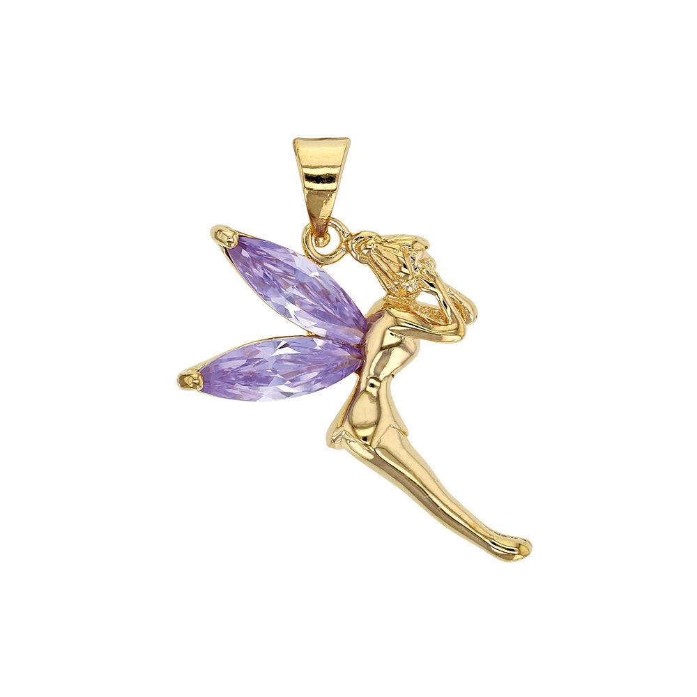 Pendentif fée ailes mauves, plaqué or 18K - 3cm