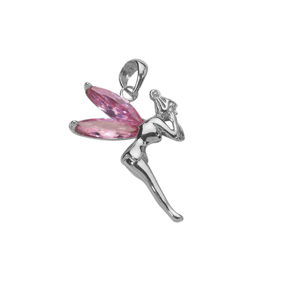Pendentif Fée ailes roses & argent 925 rhodié - 3cm