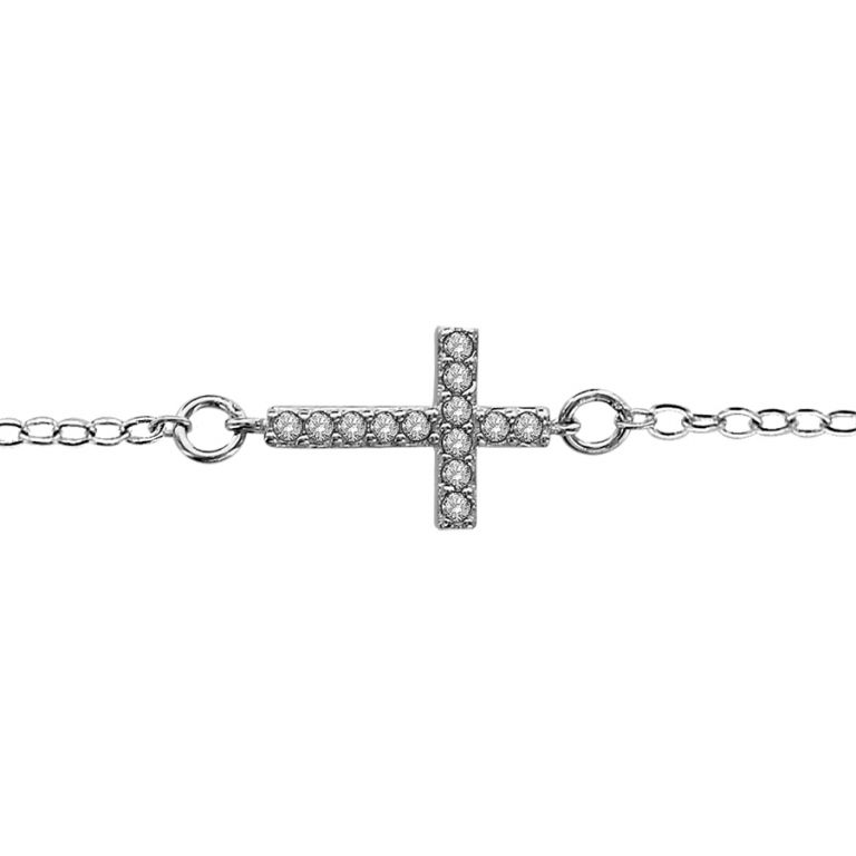 Bracelet croix 9mm x 1.3cm, régl. 16 à 18.5cm, argent rhôdié & oxydes