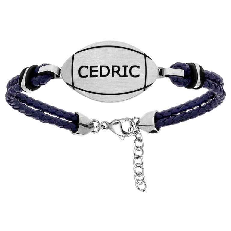 Bracelet ballon de rugby, gravure(s), cuir bleu & acier, 19-22cm